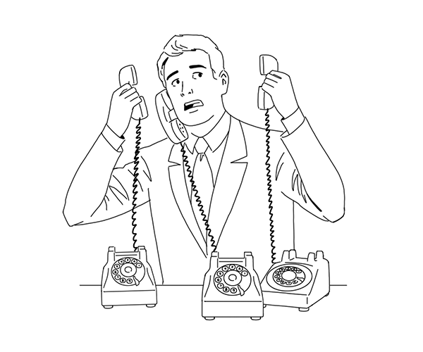 Illustration of man holding multiple phone recievers