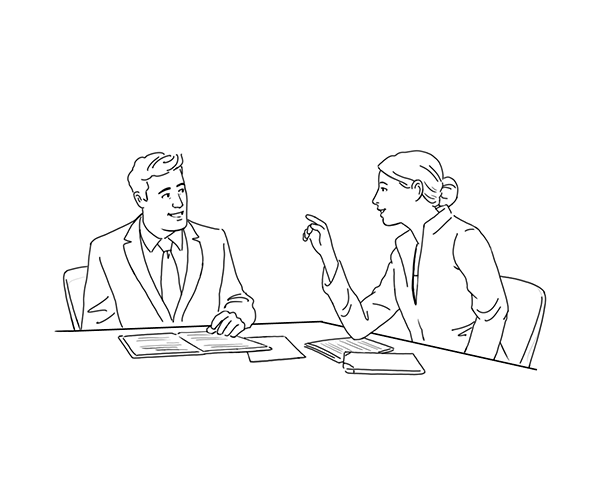 Illustation of two people sitting at a desk facing each other talking