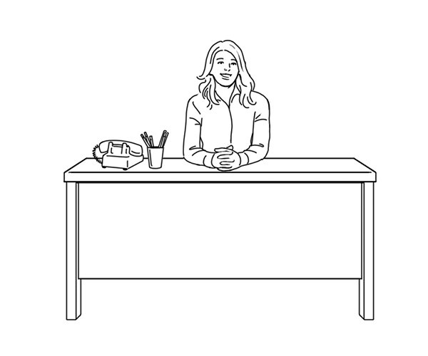 Illustration of woman sitting at her desk smiling.