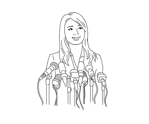 Illustration of woman standing in front of microphones