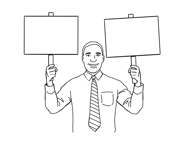 Illustration of man holding up signs in both hands